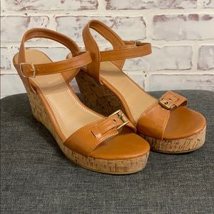 Tan wedges, buckle strap front, cork covered wedge